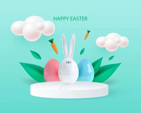 Happy Easter holiday background. Festive design with realistic 3D bunny and Stock Illustration