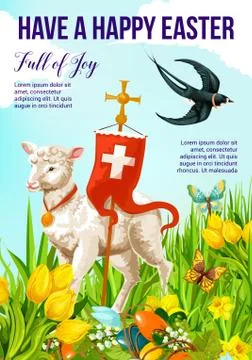 Happy Easter Holiday banner with lamb and cross Stock Illustration