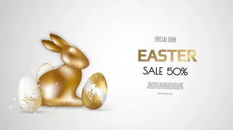Happy Easter holiday banner template. White and gold eggs with golden rabbit. Stock Illustration