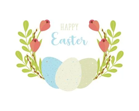Happy Easter holiday card. Eggs pastel colors, floral flowers round frame. Stock Illustration