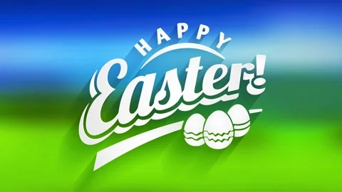 Happy easter holiday card with white 3d lettering and three decorated toy eggs Stock Footage 130927468
