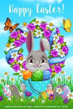 Happy Easter holiday cartoon vector poster, bunny Stock Illustration