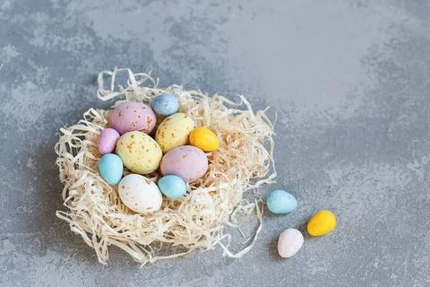 Happy Easter holiday concept. Copy space. nest decorations background with ch Stock Photos