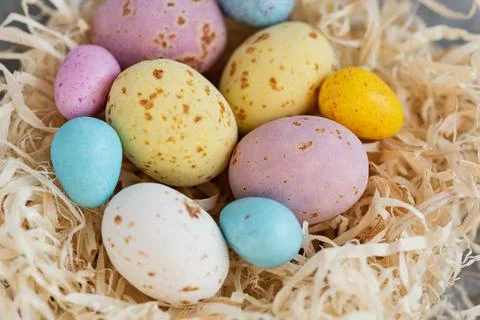 Happy Easter holiday concept. Selective focus. nest decorations background wi Stock Photos