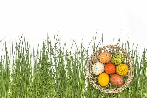 Happy easter holiday concept; Wicker basket with easter eggs on a green gra.. Stock Photos