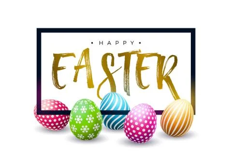 Happy Easter Holiday Design with Colorful Painted Egg and Golden Typography Stock Illustration