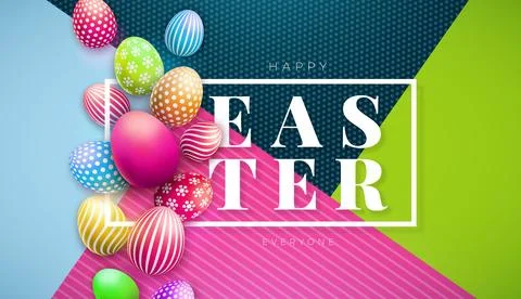 Happy Easter Holiday Design with Falling Colorful Painted Egg and Typography Illustrazione stock