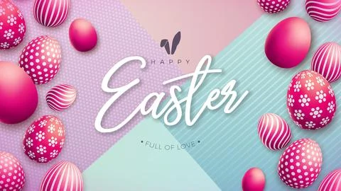 Happy Easter Holiday Design with Falling Colorful Painted Egg and Typography Stock Illustration