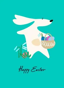 Happy Easter holiday design with hand-lettered greetings, Easter bunny with a Stock Illustration