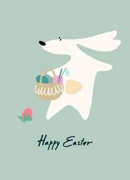 Happy Easter holiday design with hand-lettered greetings, Easter bunny with a Stock Illustration