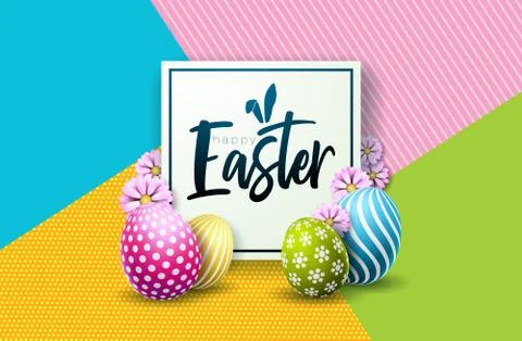 Happy Easter Holiday Design with Painted Egg and Flower on Colorful Background Stock Illustration