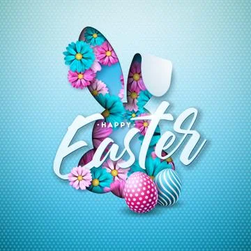 Happy Easter Holiday Design with Painted Egg, Spring Flower in Nice Rabbit Face Stock Illustration