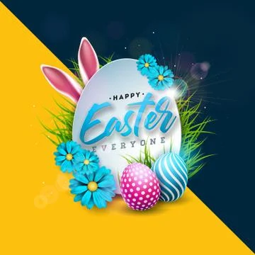Happy Easter Holiday Design with Painted Egg, Rabbit Ears and Spring Flower on Stock Illustration