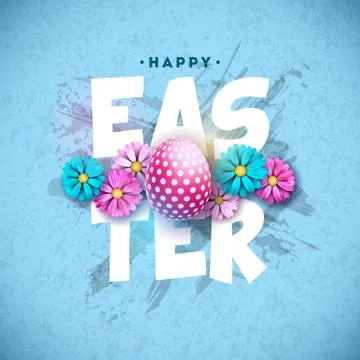Happy Easter Holiday Design with Painted Egg and Spring Flower on Blue Stock Illustration