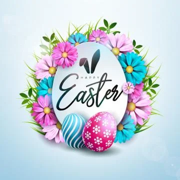 Happy Easter Holiday Design with Painted and Spring Flower on Clean Background Stock Illustration
