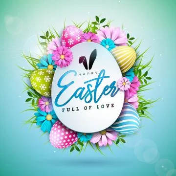 Happy Easter Holiday Design with Painted Egg and Spring Flower on Blue Stock Illustration