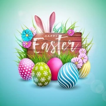 Happy Easter Holiday Design with Painted Egg, Flower and Rabbit Ears on Vintage Stock Illustration