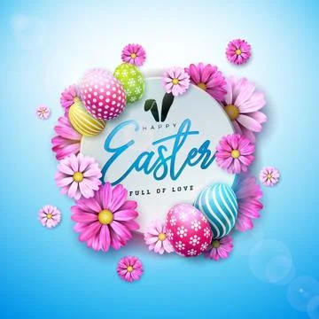 Happy Easter Holiday Design with Painted Egg and Spring Flower on Blue Stock Illustration