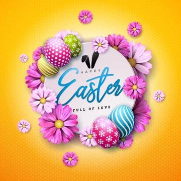 Happy Easter Holiday Design with Painted Egg and Spring Flower on Yellow Illustrazione stock