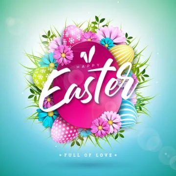 Happy Easter Holiday Design with Painted Egg and Spring Flower on Blue Stock Illustration