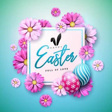 Happy Easter Holiday Design with Painted Egg and Spring Flower on Blue Stock Illustration