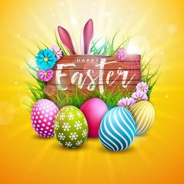 Happy Easter Holiday Design with Painted Egg, Flower and Rabbit Ears on Vintage Stock Illustration