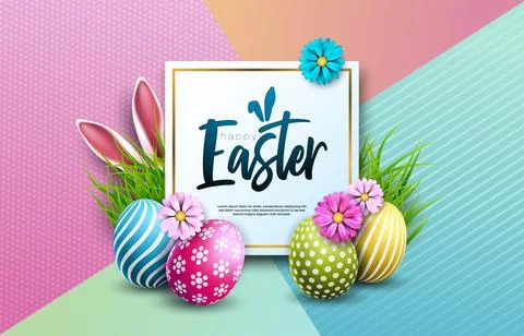 Happy Easter Holiday Design with Painted Egg, Flower and Rabbit Ears on Abstract Illustrazione stock