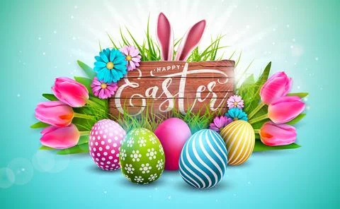 Happy Easter Holiday Design with Painted Egg, Tulip Flower and Rabbit Ears on 库存插图
