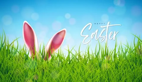 Happy Easter Holiday Design with Rabbit Ears and Spring Green Grass on Blue Sky Stock Illustration