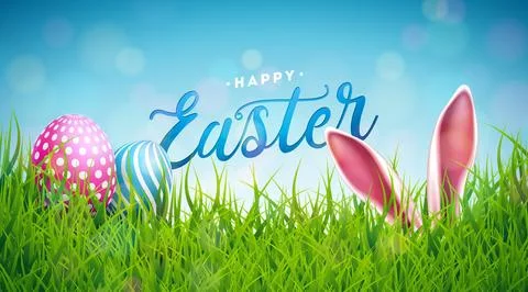 Happy Easter Holiday Design with Rabbit Ears, Painted Egg and Spring Green Grass Stock Illustration