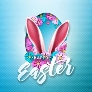 Happy Easter Holiday Design with Spring Flower in Egg Silhouette on Light Blue Illustrazione stock