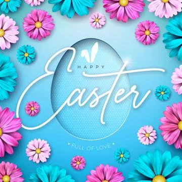 Happy Easter Holiday Design with Spring Flower and Egg Symbol on Blue Background Illustrazione stock