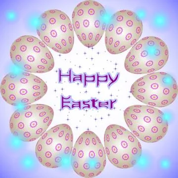 Happy Easter holiday eggs with violet round ornament arranged in a circle Stock Illustration