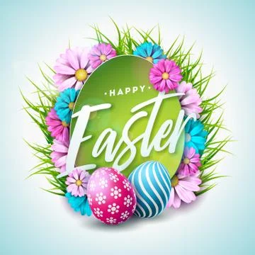 Happy Easter Holiday Illustration with Painted Egg, Flower and Green Grass on Stock Illustration