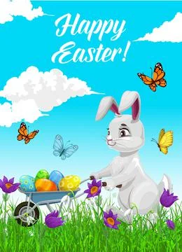 Happy Easter holiday poster with rabbit and eggs Stock Illustration