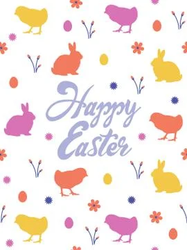 Happy easter holiday poster template. Art with chicks, rabbits, flowers and eggs Stock Illustration