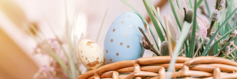 Happy easter holiday time in spring season. basket with painted eggs, easter  Stock Photos