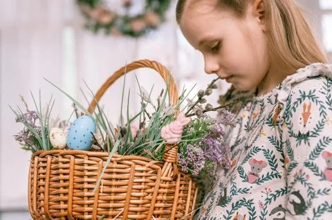 Happy easter holiday time in spring season. little eight year old kid girl ho Stock Photos