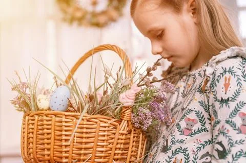 Happy easter holiday time in spring season. little eight year old kid girl ho Stock Photos
