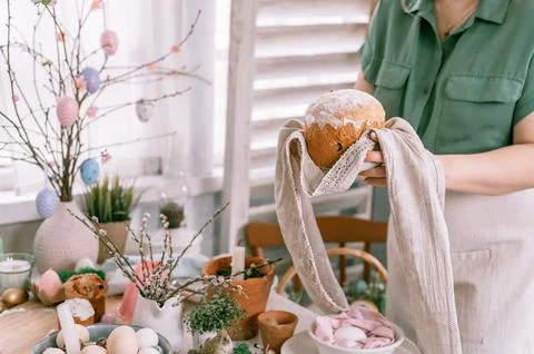 Happy easter holiday time in spring season. beautiful young housewife woman h Stock Photos