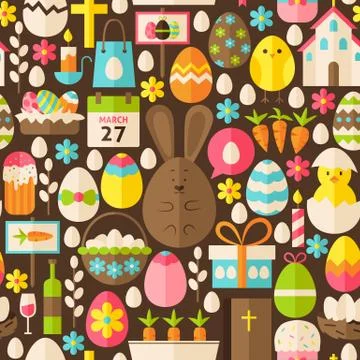 Happy Easter Holiday Vector Flat Brown Seamless Pattern Stock Illustration