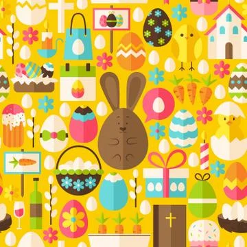 Happy Easter Holiday Vector Flat Yellow Seamless Pattern Stock Illustration