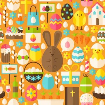 Happy Easter Holiday Vector Flat Orange Seamless Pattern Stock Illustration