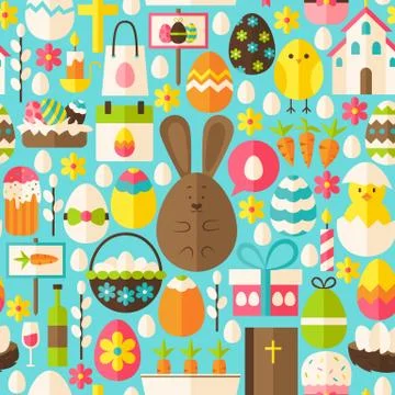 Happy Easter Holiday Vector Flat Blue Seamless Pattern Stock Illustration
