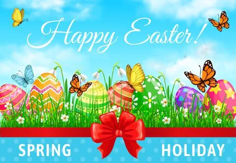Happy Easter holiday vector poster, decorated eggs Stock Illustration