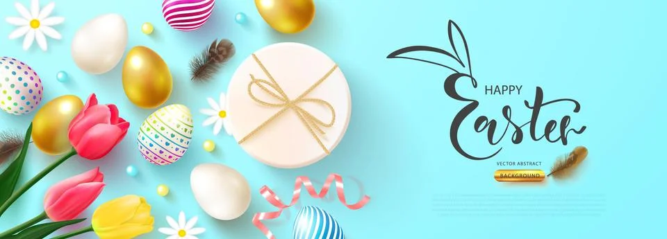 Happy Easter holiday web banner. Vector illustration with realistic decorated Stock Illustration