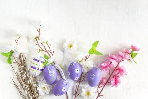 Happy easter holidays concept; Artificial twigs with white and pink apple b.. Stock Photos
