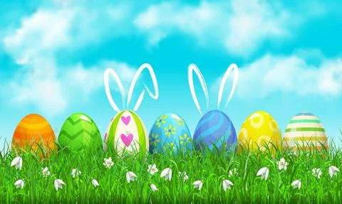 Happy Easter holidays with grass, eggs rabbit ears Illustrazione stock