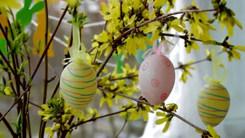 Happy Easter! Home decoration for Easter. Composition of flowering branches Stock Footage 234124380