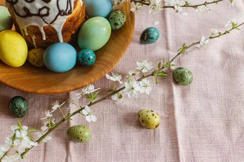 Happy Easter! Homemade easter bread and natural dyed easter eggs with sprin.. Stock Photos
